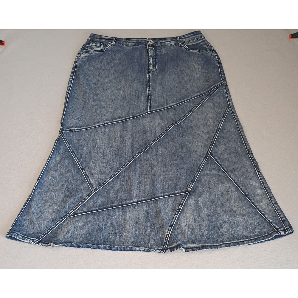 EST 1946 Denim Womens 16W Button Front Maxi Denim‎ Skirt Modesty Distressed Look